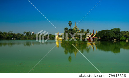 Ship Karaweik along Kandawgyi Lake's shores Yangon 79957828