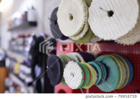 Samples of foam polishing discs for polishing machine closeup Samples of foam polishing discs for polishing machine closeup 79958739