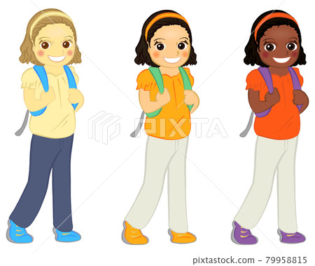 一個背著背包的可愛女孩的全身圖 一個背著背包的可愛女孩的全身圖 79958815