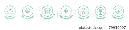 Sustainable clothes line icon set. Slow fashion logo. Eco viscose product label. Organic cotton, natural dyes, renewable crop badge. Conscious development. Fair trade. Vector illustration 79959007