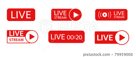 Live stream icon set. Social media live chat. Online webinar button. Broadcast online video. Tv show sign. News frame. Music player template. Livestream radio. Vector illustration Live stream icon set. Social media live chat. Online webinar button. Broadcast online video. Tv show sign. News frame. Music player template. Livestream radio. Vector illustration 79959008