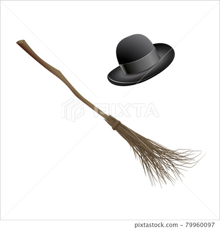 Witch hat and magic broom. Halloween stickers. Set of vector illustrations for all saints ' day. Mystical witchcraft. Print. 79960097
