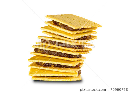 Side view stack of crispy pineapple cheese shake biscuit on white background. Side view stack of crispy pineapple cheese shake biscuit on white background. 79960758