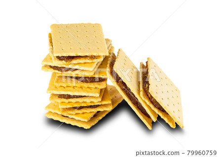 Stack of homemade crispy pineapple cheese shake biscuit on white background. 79960759
