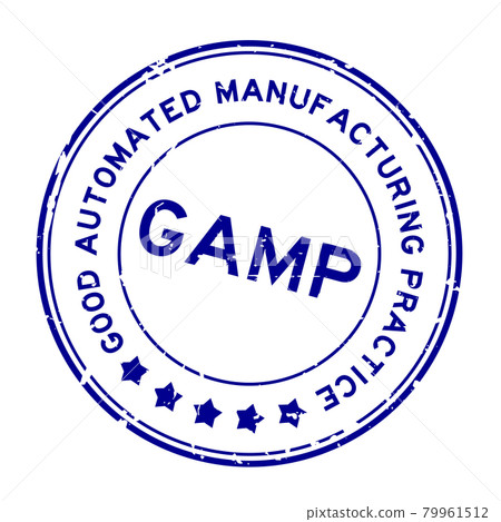 Grunge blue GAMP Good Automated Manufacturing Practice word round rubber seal stamp on white background 79961512