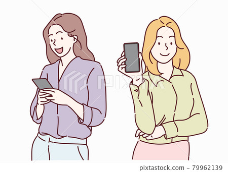 Young smiling business woman using smartphone. Hand drawn in thin line style, vector illustrations. 79962139