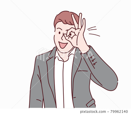 Businessman doing ok gesture with hand smiling, eye looking through fingers with happy face. Hand drawn in thin line style, vector illustrations. 79962140