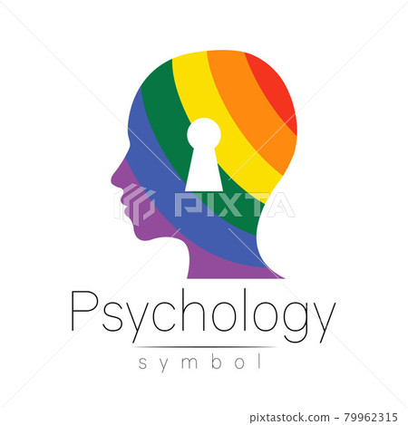Modern logo head with Keyhole, sign of Psychology. Profile Human. Creative style logotype. Symbol in vector. Design concept. Brand company. Rainbow color isolated on white . Icon for web, print. 79962315
