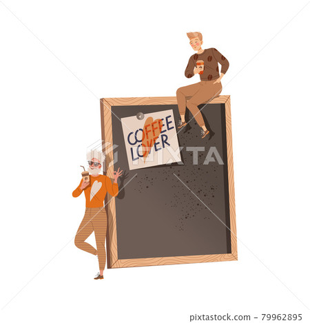 Man Coffee Lover Standing Near Huge Blackboard Drinking Hot Aromatic Beverage Vector Illustration Man Coffee Lover Standing Near Huge Blackboard Drinking Hot Aromatic Beverage Vector Illustration 79962895