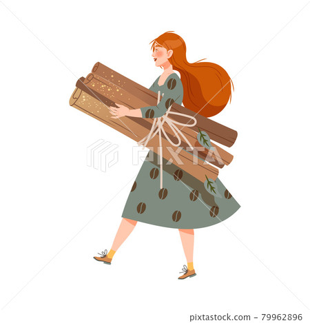 Redhead Woman Coffee Lover Carrying Pile of Dry Cinnamon Stick as Coffee Spice Vector Illustration Redhead Woman Coffee Lover Carrying Pile of Dry Cinnamon Stick as Coffee Spice Vector Illustration 79962896