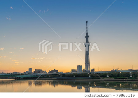 Tokyo, Japan - October 26, 2017 : Tokyo Japan, sunrise city skyline at Sumida River and Sky Tree 79963119
