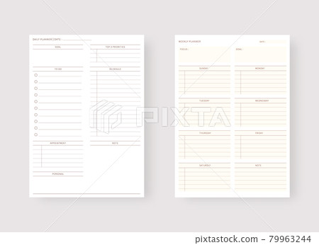 Modern planner template set. Set of planner and to do list. Daily and weekly planner template. Vector illustration. Modern planner template set. Set of planner and to do list. Daily and weekly planner template. Vector illustration. 79963244