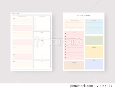 Modern planner template set. Set of planner and to do list. Weekly planner template. Vector illustration. Modern planner template set. Set of planner and to do list. Weekly planner template. Vector illustration. 79963245