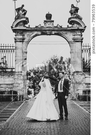 Kissing wedding couple staying over beautiful landscape 79963539