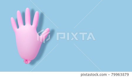 Pink inflated medical glove on a blue background. Banner. Prevention of coronavirus, covid-19. Minimal healthcare concept. Pink inflated medical glove on a blue background. Banner. Prevention of coronavirus, covid-19. Minimal healthcare concept. 79963879