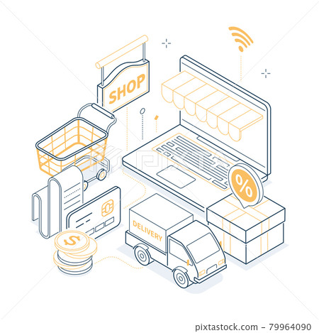 Online shopping - isometric yellow and black line illustrations Online shopping - isometric yellow and black line illustrations 79964090