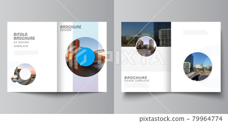 Vector layout of two A4 cover mockups templates for bifold brochure, flyer, magazine, cover design, book design. Background template with rounds, circles for IT, technology. Minimal style. 79964774