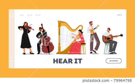 Orchestra Playing Classical Music Concert Landing Page Template. Musicians with String Instruments Performing on Stage Orchestra Playing Classical Music Concert Landing Page Template. Musicians with String Instruments Performing on Stage 79964798