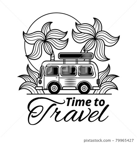 Travel typographic banner with inspirational quote It s time to travel , sun, sea waves, ocean on white background in blue colors. Vector hand drawn template Travel typographic banner with inspirational quote It s time to travel , sun, sea waves, ocean on white background in blue colors. Vector hand drawn template 79965427