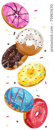Colorful donuts with pink, chocolate, blue, yellow and white icing and sprinkles. Falling glazed sweet buns on white background. Realistic icon. Vector illustration. Colorful donuts with pink, chocolate, blue, yellow and white icing and sprinkles. Falling glazed sweet buns on white background. Realistic icon. Vector illustration. 79965630