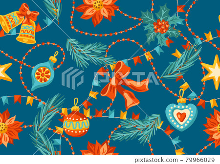 Merry Christmas seamless pattern. Holiday background in vintage style. 79966029