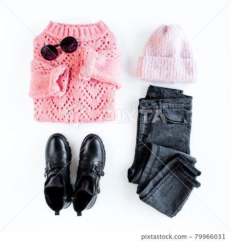 Women fashion clothes and accessories on white background top view. Flat lay female style look with warm sweater, jeans, boot, glasses. Top view. Women fashion clothes and accessories on white background top view. Flat lay female style look with warm sweater, jeans, boot, glasses. Top view. 79966031
