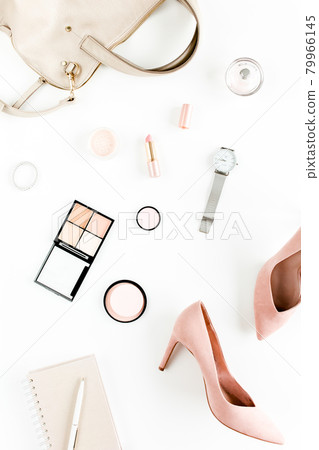 Women's fashion accessories on white background. Flat lay 79966145