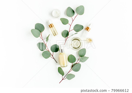 Eucalyptus essential oil, eucalyptus leaves on white background. Natural, Organic cosmetics products. Medicinal, Natural Serums. Flat lay, top view. 79966612