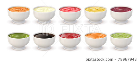 Dip sauces top view. Bowls with mayonnaise, tomato ketchup, mustard, pesto, curry and guacamole. Realistic spicy seasoning sauce vector set 79967948