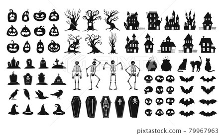 Horror silhouettes. Scary halloween decor skulls and skeletons, witch hats, black cats, crows and graveyard coffins. Spooky house vector set 79967963