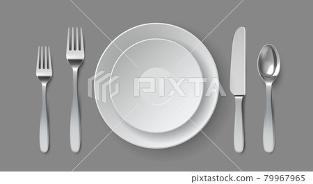 Realistic table serving. Round dining plate with forks, knife and spoon. Restaurant empty dish and cutlery close up top view vector mockup Realistic table serving. Round dining plate with forks, knife and spoon. Restaurant empty dish and cutlery close up top view vector mockup 79967965