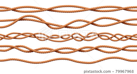 Cable ropes. Realistic cartoon sailor twisted cord brushes. Curved nautical jute twine dividers. Decorative thread vector background pattern Cable ropes. Realistic cartoon sailor twisted cord brushes. Curved nautical jute twine dividers. Decorative thread vector background pattern 79967968