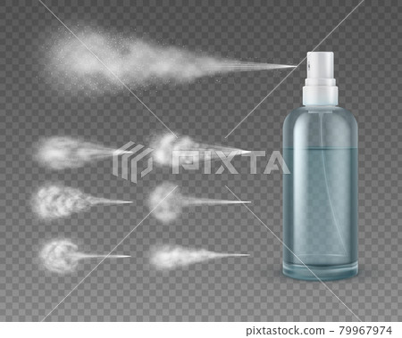 Realistic spray bottle with jet. Cosmetic plastic water aerosol spraying mist clouds. Deodorant or skincare product package 3d vector mockup Realistic spray bottle with jet. Cosmetic plastic water aerosol spraying mist clouds. Deodorant or skincare product package 3d vector mockup 79967974