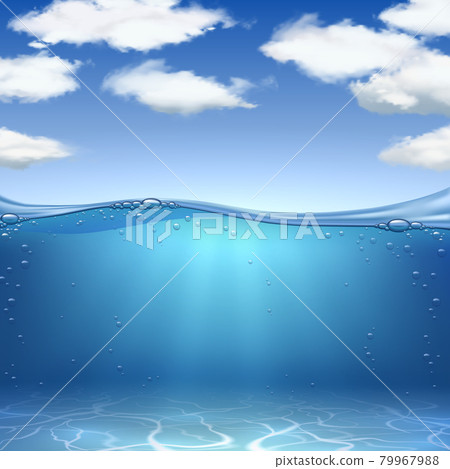 Sea waves and bottom. Realistic ocean underwater sand, water with air bubbles and blue sky with clouds. Marine landscape vector background 79967988