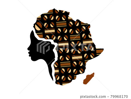 Concept of African woman, face profile silhouette with turban in the shape of a map of Africa. Colorful Afro print fabric, tribal logo design template Vector illustration isolated on white background Concept of African woman, face profile silhouette with turban in the shape of a map of Africa. Colorful Afro print fabric, tribal logo design template Vector illustration isolated on white background 79968170