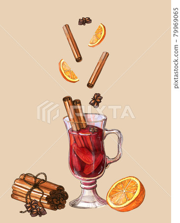 Watercolor mulled wine mug poster with cinnamon Watercolor mulled wine mug poster with cinnamon 79969065