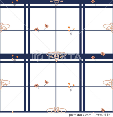 Seamless floral pattern with bees, geometric lines and small florals hand drawn style white colors. Shirt print. Seamless floral pattern with bees, geometric lines and small florals hand drawn style white colors. Shirt print. 79969116