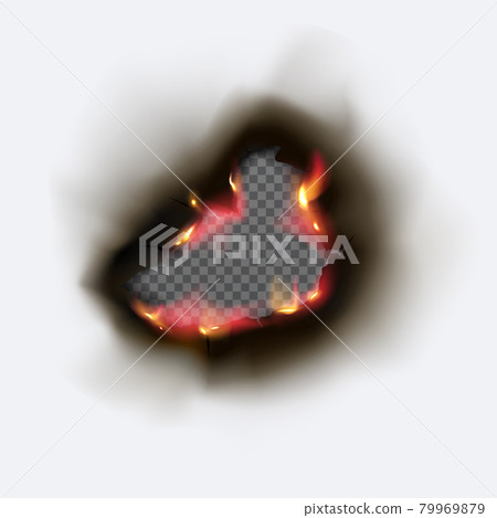 Realistic Burnt hole in paper with fire and black ash. 79969879