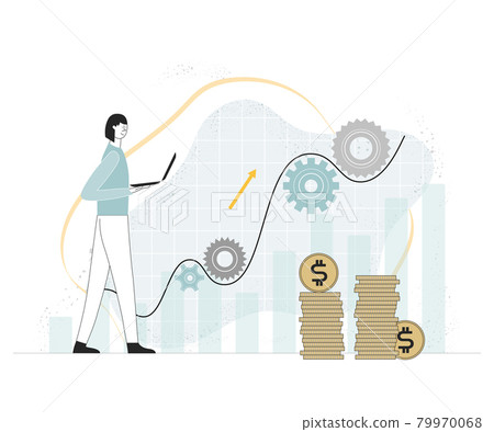 Trading is way to make money. Girl with laptop is working, analysing. Equipment is working, profits are up 79970068