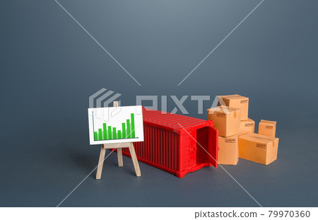 Shipping container and boxes near easel with positive growth graph. World trade traffic recovery. High cost of cargo transportation, global shortage of sea containers. Import and export. Income in tax 79970360