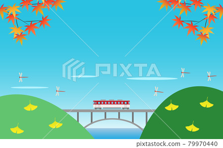 A train running on an arch bridge in the mountains in a clear autumn A train running on an arch bridge in the mountains in a clear autumn 79970440