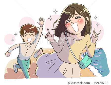 Illustration of a couple running on the beach (memories of nostalgic romance) Illustration of a couple running on the beach (memories of nostalgic romance) 79970708