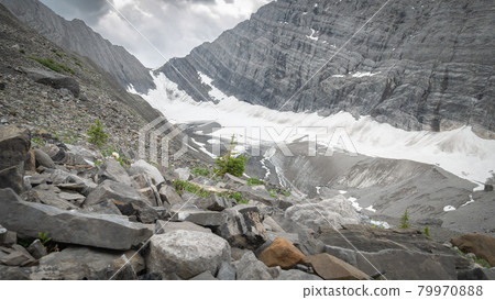Rocky alpine valley with snow, shot on Old Goat Glacier Trail, Kananaskis,, Alberta, Canada 79970888
