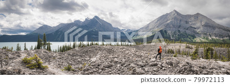 Hiking in canadian rockies, panoramic shot with mountains, forest and lake shot at Upper Kananaskis Lake trail, Alberta, Canada 79972113