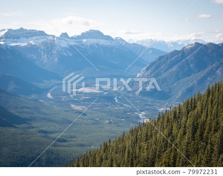 Amazing view on alpine valley surrounded by big mountains, shot at Sulphur Mountain Summit, Banff National Park, Alberta, Canada 79972231