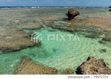 Gorgeous top view at a natural coral reef sea pool, emerald green sea, coastal rocks, blue sky. Iriomote Island, natural world heritage. Gorgeous top view at a natural coral reef sea pool, emerald green sea, coastal rocks, blue sky. Iriomote Island, natural world heritage. 79972753
