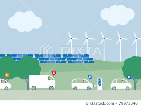 An electric vehicle that is charged at an EV charging station. Renewable energy eco-image of solar panels and wind turbines An electric vehicle that is charged at an EV charging station. Renewable energy eco-image of solar panels and wind turbines 79973340