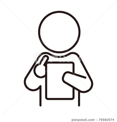 Simple black and white thin line icon / white background of a person using a tablet PC Simple black and white thin line icon / white background of a person using a tablet PC 79980974