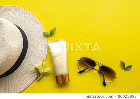sunscreen spf50 cosmetics health care for skin face with sunglasses and hat of lifestyle woman  80025958