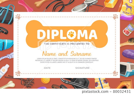 Dog pet care diploma, certificate vector template 80032431